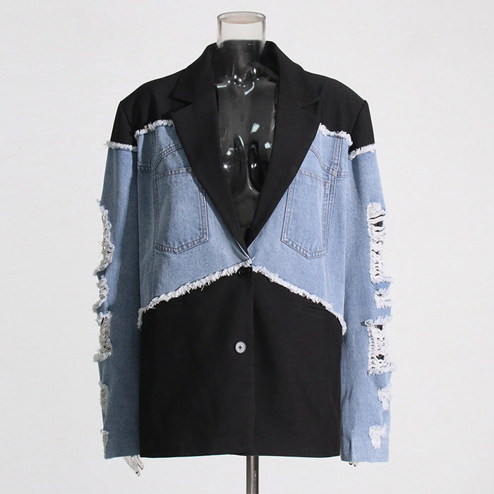 Retro Trendy Denim Patchwork Jacket — Contrast Colour Streetwear