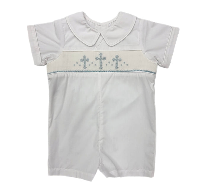 RN Williams Cross Smocked Romper-White/Blue