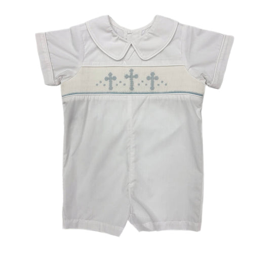 RN Williams Cross Smocked Romper-White/Blue