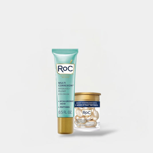 ROC Multi-Correxion Hydrate + Plump Eye Cream + Retinol Correxion Line Smoothing Night Serum Capsules Set. روس مالتي كوريكسيون هيدرات + كريم ممتلئ للعين + مجموعة كبسولات مصل ليلي لتنعيم خط الريتينول كوريكسيون