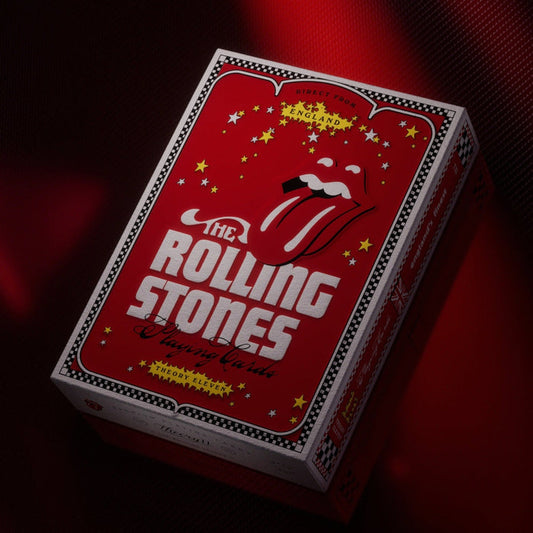 Rolling Stones playing cards deck box with red lips graphic and star border