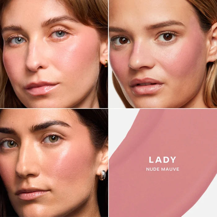 Saie Dew Blush Liquid Blush in Lady shade, blendable formula with a natural pink tint, displayed on a makeup background.