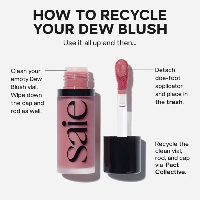 Saie Dew Blush liquid blush in Lady shade, blendable formula, showing smooth, vibrant pink liquid blush applied on skin.