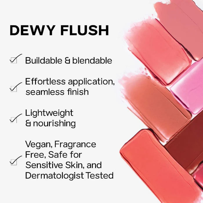 Saie Dew Blush blendable liquid blush in Lady NIB, showing a close-up of the vibrant, smooth liquid blush on a makeup palette.