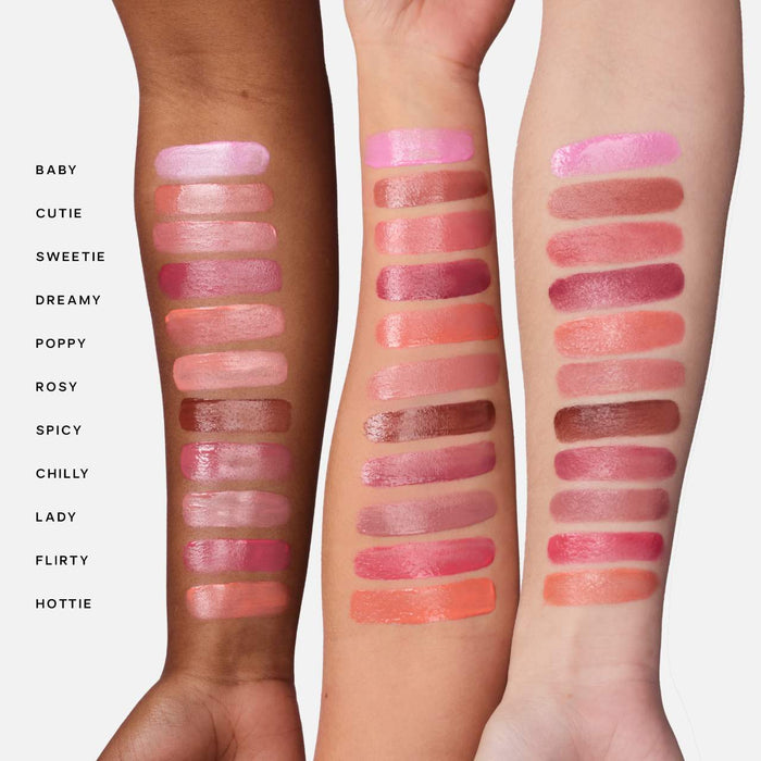 Saie Dew Blush Liquid Blush in Lady shade, showing the blendable liquid formula and its soft, natural pink color on the skin.