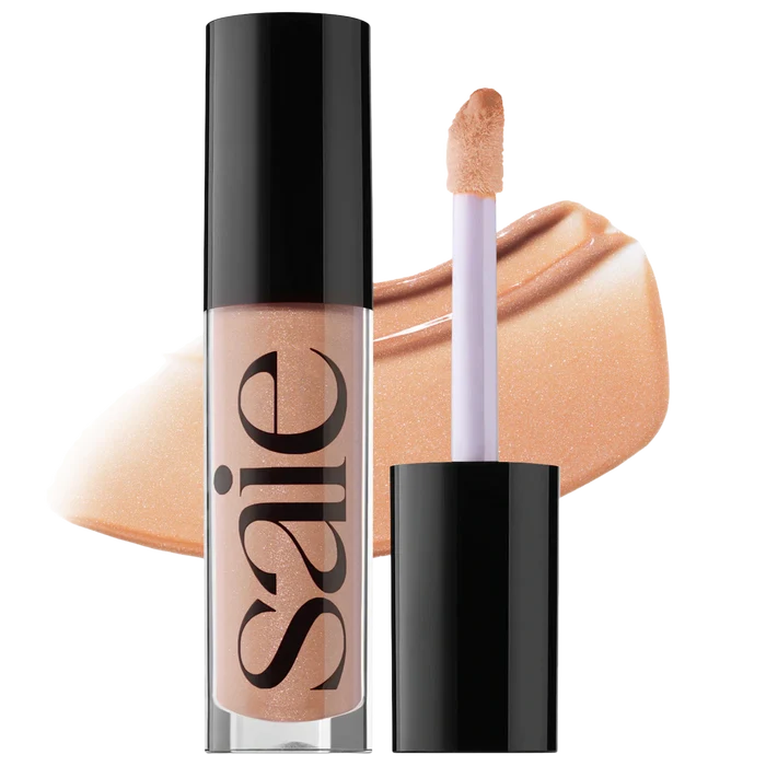 Saie Glossybounce high-shine hydrating lip gloss oil in multiple shades, showcasing its glossy, smooth texture and vibrant color.