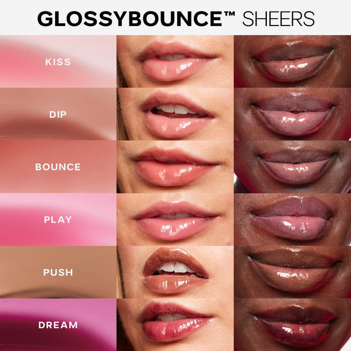 Saie Glossybounce high-shine hydrating lip gloss oil in multiple shades, with a glossy finish and smooth applicator visible.