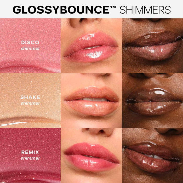 Saie Glossybounce™ High-Shine Hydrating Lip Gloss Oil in various shades, featuring a shiny, smooth lip gloss application with a sleek tube