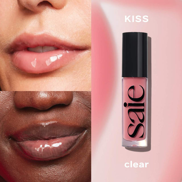 Saie Glossybounce™ High-Shine Hydrating Lip Gloss Oil in a clear tube with a doe-foot applicator, showcasing shiny, glossy lips.