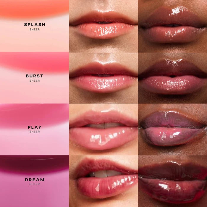 Saie Glossybounce™ high-shine hydrating lip gloss oil in multiple shades, featuring a glossy finish and smooth applicator.
