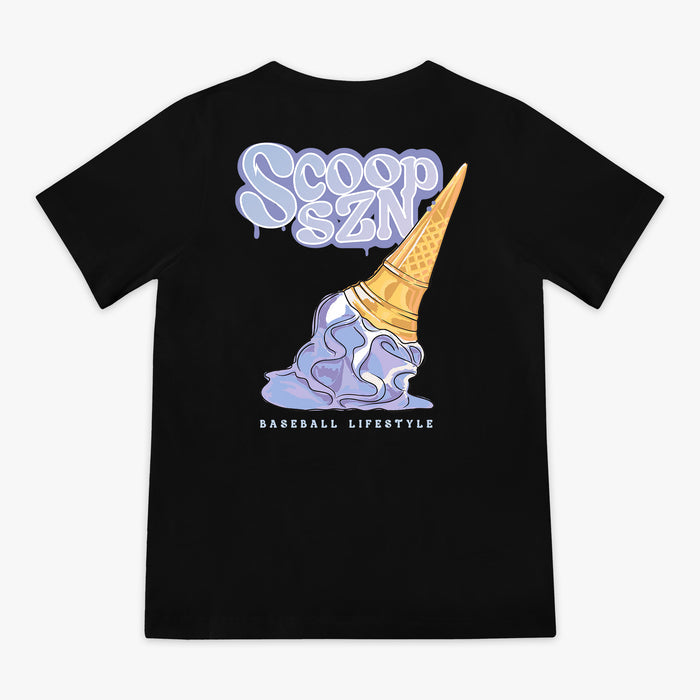 Youth model wearing youth graphic tee with "Scoop SZN" design