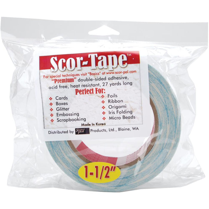 Scor-Tape - 1.5"X27yd. Premium double-sided adhesive that is perfect for cards, boxes, glitter, embossing, scrapbooking, foils, ribbon, origami, iris folding, micro beads, and much more! This tape is acid free and heat resistant. Available at Embellish Away located in Bowmanville Ontario Canada.