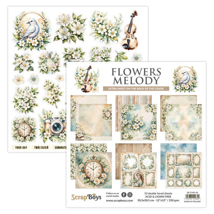 ScrapBoys - 12X12 Paper Pad - Flowers Melody. 12 sheets with bonus on the back of the cover - 250 gsm. Available at Embellish Away located in Bowmanville Ontario Canada.