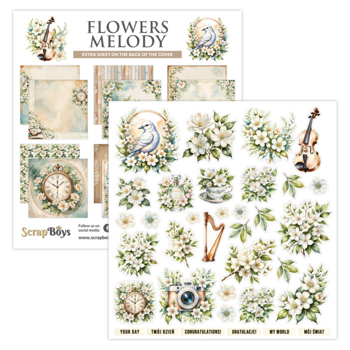ScrapBoys - 12X12 Paper Pad - Flowers Melody. 12 sheets with bonus on the back of the cover - 250 gsm. Available at Embellish Away located in Bowmanville Ontario Canada.