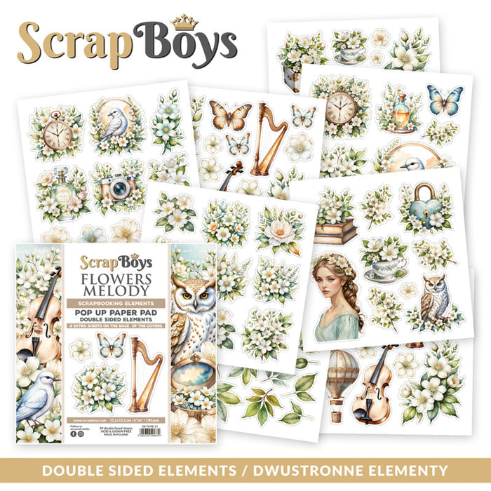 ScrapBoys - 6X6 Pop-up Paper Pad - Flowers Melody. Scrapbooking paper pad - 24 sheets with 2 bonus on the covers. At Embellish Away in Bowmanville Ontario Canada