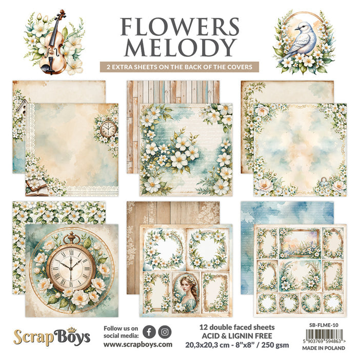 ScrapBoys - 8X8 Paper Pad - Flowers Melody. 12 sheets with 2 bonus on the back of the covers. Available at Embellish Away located in Bowmanville Ontario Canada.