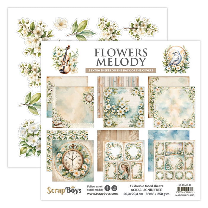 ScrapBoys - 8X8 Paper Pad - Flowers Melody. 12 sheets with 2 bonus on the back of the covers. Available at Embellish Away located in Bowmanville Ontario Canada.