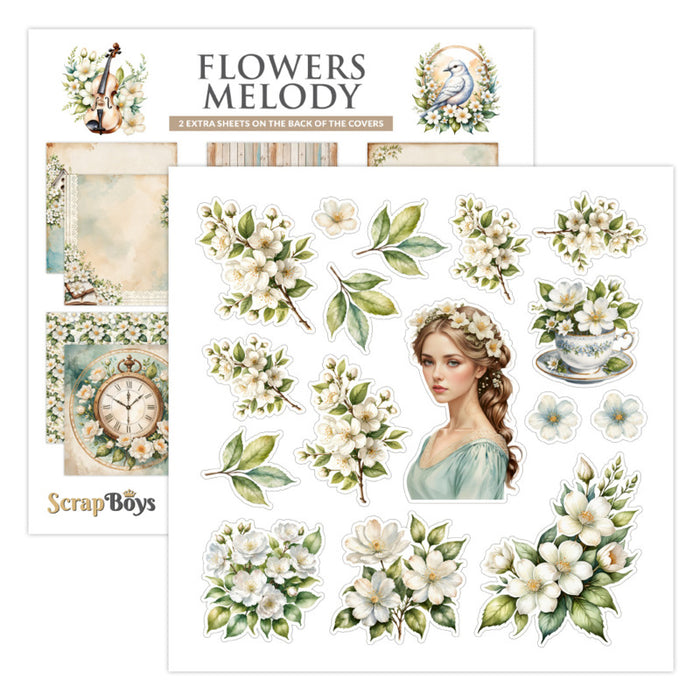 ScrapBoys - 8X8 Paper Pad - Flowers Melody. 12 sheets with 2 bonus on the back of the covers. Available at Embellish Away located in Bowmanville Ontario Canada.