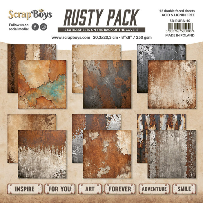 ScrapBoys - 8X8 Paper Pad -  Rusty Pack. 12 sheets with 2 bonus on the back of the covers. Available at Embellish Away located in Bowmanville Ontario Canada.