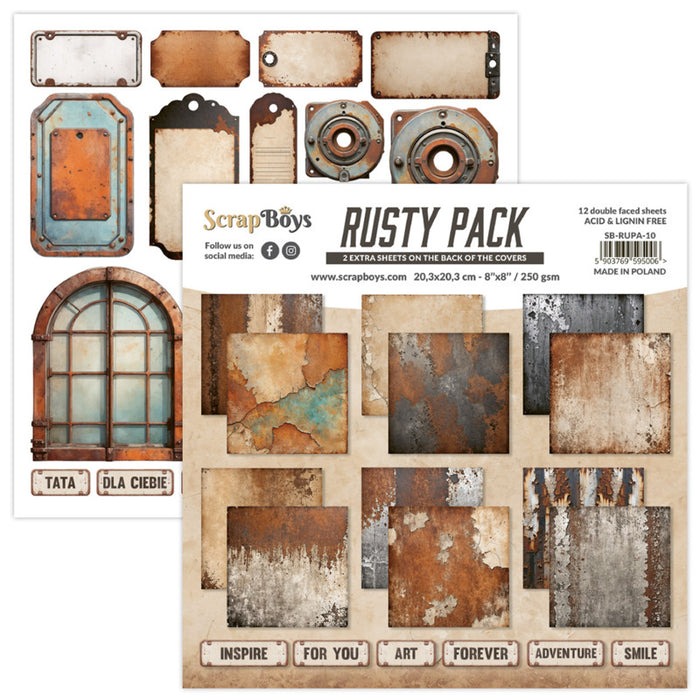 ScrapBoys - 8X8 Paper Pad -  Rusty Pack. 12 sheets with 2 bonus on the back of the covers. Available at Embellish Away located in Bowmanville Ontario Canada.