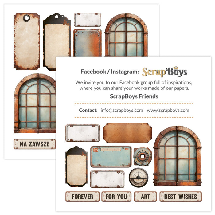 ScrapBoys - 8X8 Paper Pad -  Rusty Pack. 12 sheets with 2 bonus on the back of the covers. Available at Embellish Away located in Bowmanville Ontario Canada.