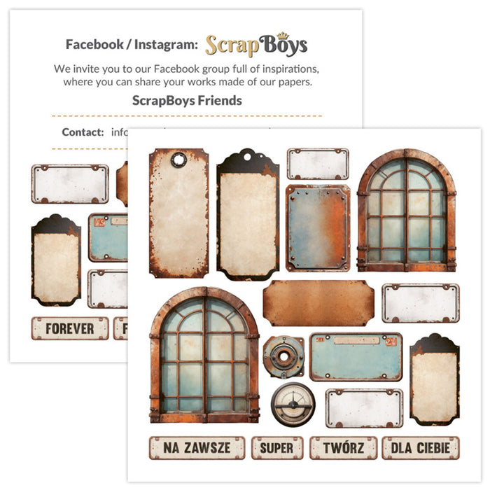 ScrapBoys - 8X8 Paper Pad -  Rusty Pack. 12 sheets with 2 bonus on the back of the covers. Available at Embellish Away located in Bowmanville Ontario Canada.