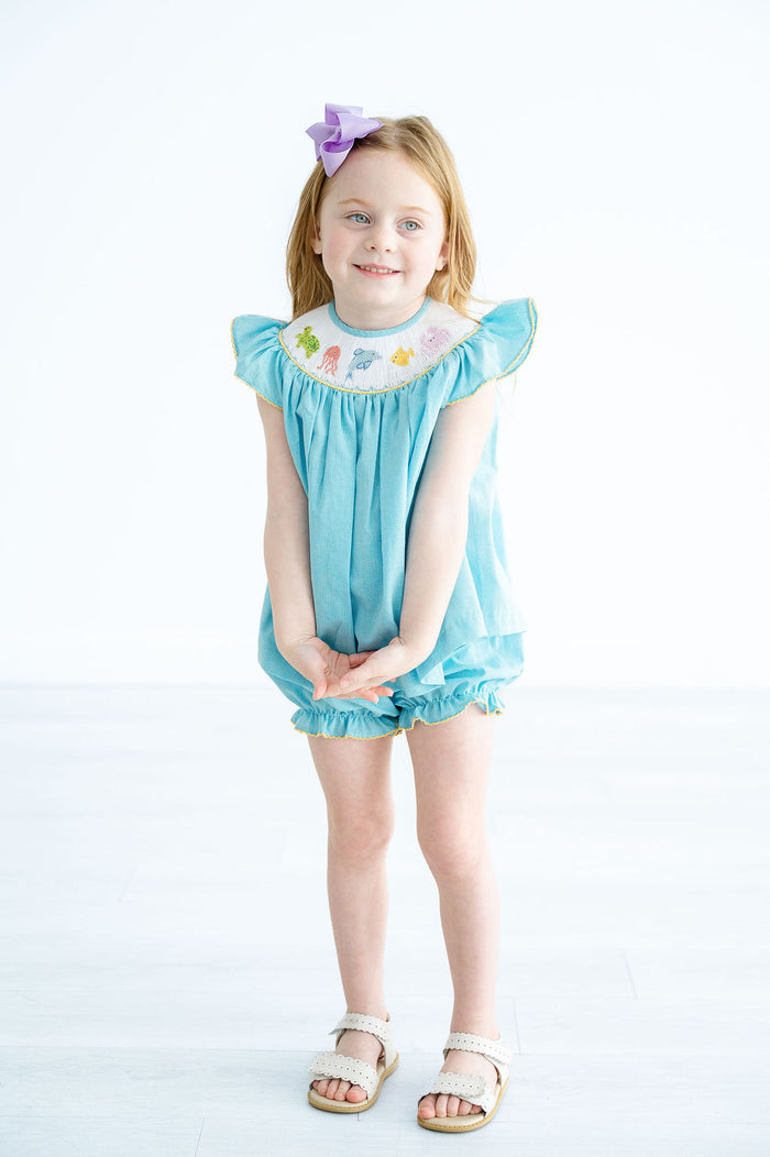 Baby & Toddler Girls Teal Microgingham Hand-Smocked Sea Animals Neckline Bloomer Set with Diaper Cover – Summer Beach & Pool Day Outfit – Sizes 3M–4T