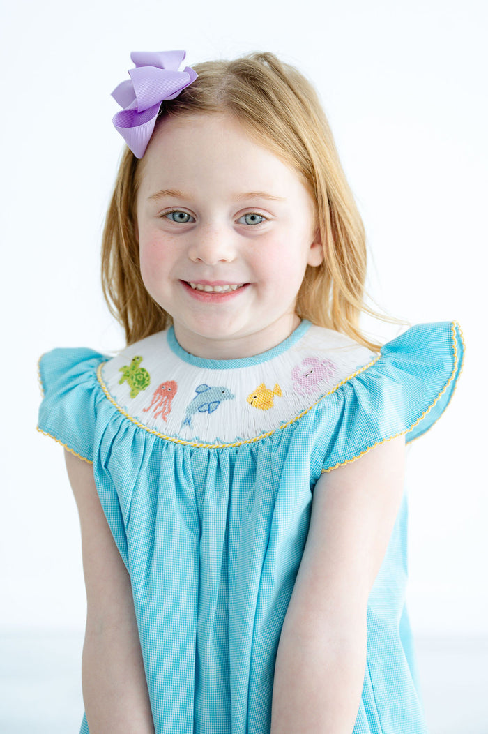 Girls Classic Smocked Sea Animals Two-Piece Bloomer Set – Teal Microgingham with Hand-Smocked Sea Animals & Matching Diaper Cover – Beach Trips, Pool Days & Summer Outings – Sizes 3M–4T