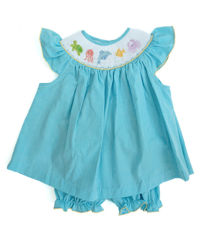 Baby & Toddler Girls Heirloom-Quality Teal Microgingham Smocked Sea Animals Bloomer Set – Coordinating Diaper Cover – Summer Beach, Poolside Fun & Family Gatherings – Sizes 3M–4T