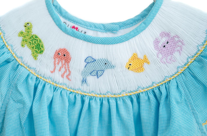 Girls Soft Teal Microgingham Hand-Smocked Sea Animals Bloomer Set & Diaper Cover – Sibling Matching Summer Beach & Picture-Perfect Family Photo Outfit – Sizes 3M–4T