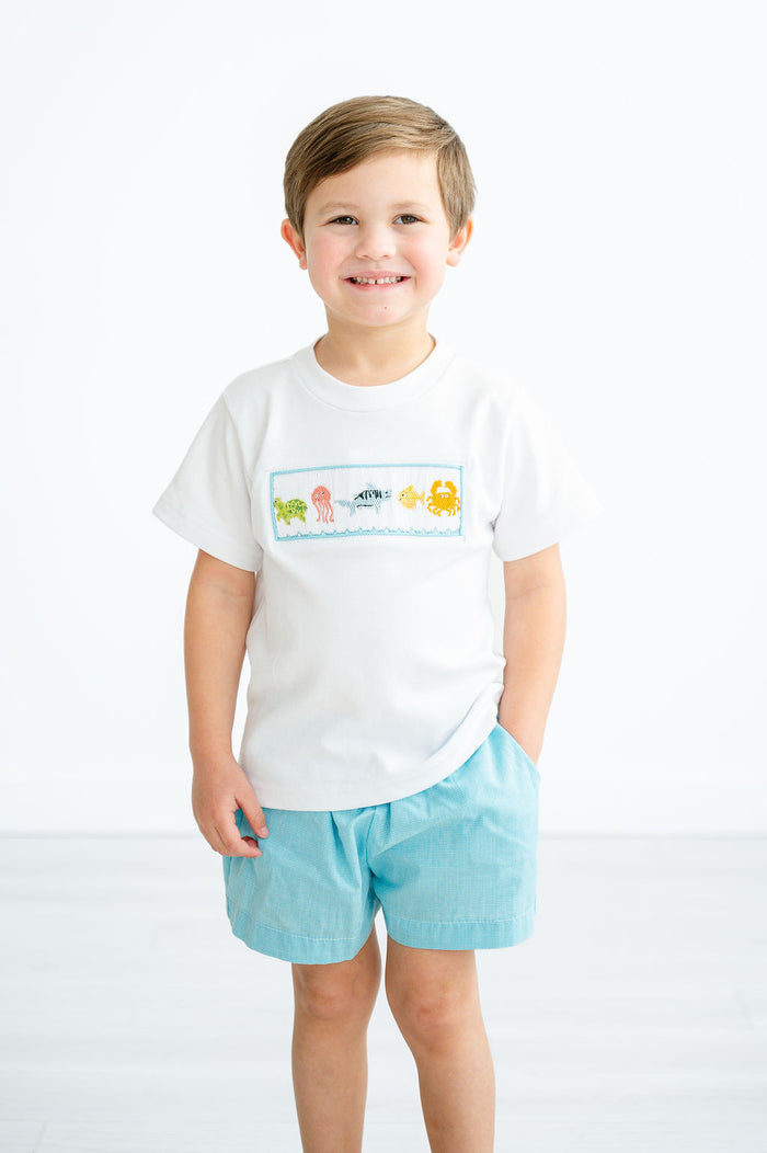 Toddler & Boys White Cotton Hand-Smocked Colorful Sea Animals T-Shirt & Teal Microgingham Shorts Set – Summer Beach & Family Outing Outfit – Sizes 12M–8