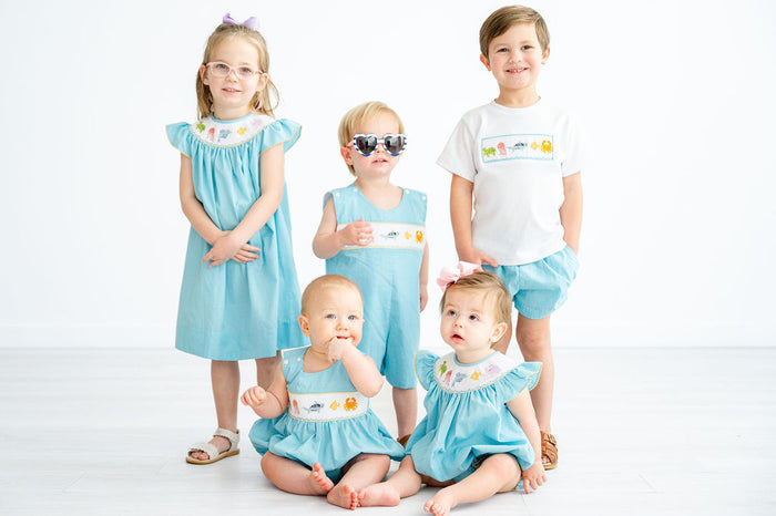 Boys Classic Smocked Sea Animals Two-Piece Set – White Tee with Hand-Smocked Sea Animals & Teal Microgingham Shorts – Beach Days, Summer Outings & Family Gatherings – Sizes 12M–8