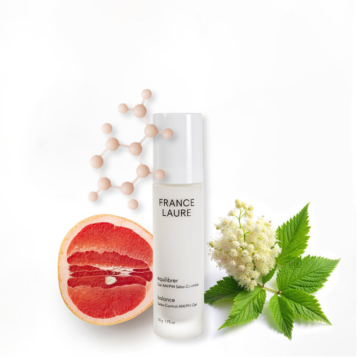 France Laure Balance Sebo-Control AM/PM Gel with grapefruit slice, white flowers, and molecular structure on white background