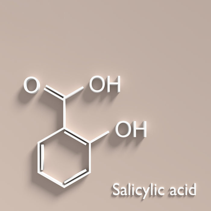 3D molecular structure of salicylic acid, a key skincare ingredient for acne and exfoliation, shown with clean white typography on beige background