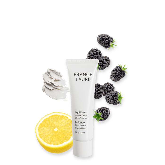 France Laure Balance Sebo-Control Cream Mask tube with blackberry and lemon slice, showing gray cream texture for oily skin care