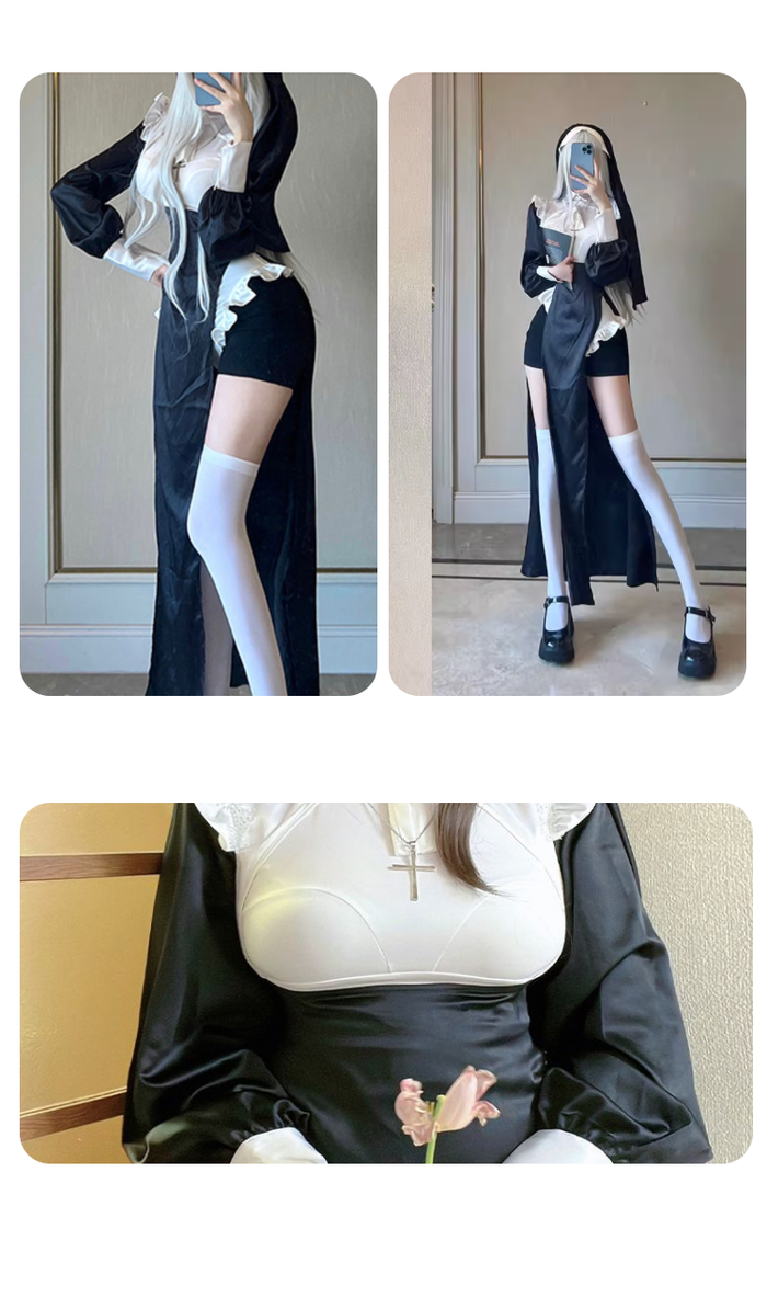 SecondFace by MoliFX "The Nun" exclusive costume outfit with white stockings, necklace, and hair clasp, styled for a spooky look.