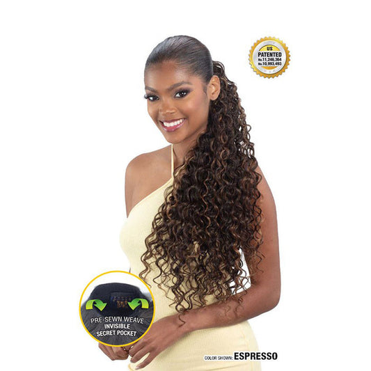 SHAKE N GO Spanish curl ponytail extension in espresso color on woman with long curly hair