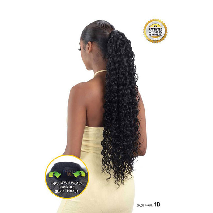 SHAKE N GO Spanish curl ponytail extension in natural black on woman with long curly hair