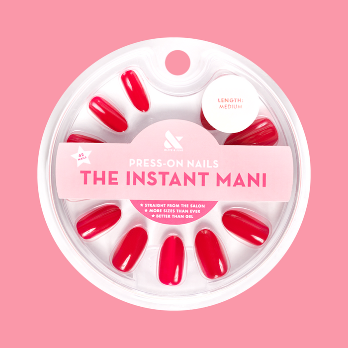Pack of medium oval press-on nails in classic blue-toned red shade Secret Recipe - Press-On | Medium | Oval