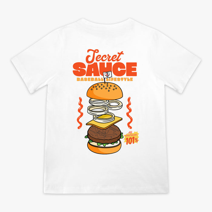 White t-shirt with a colorful burger graphic and 'Secret Sauce' text on a white background