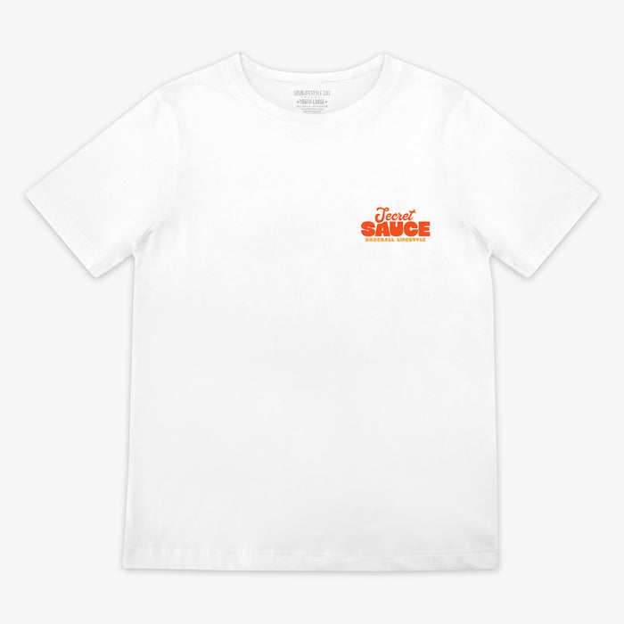 White t-shirt with 'Secret Sauce' text in orange on a white background