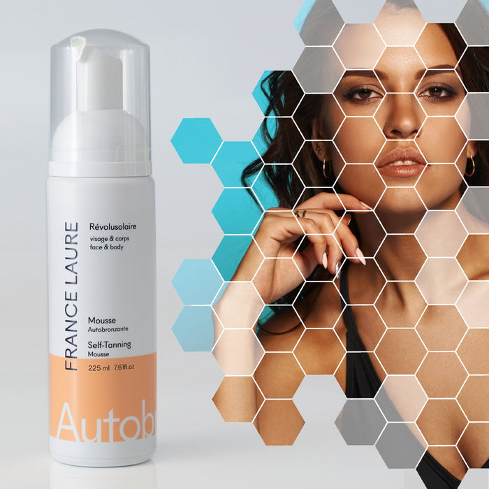 France Laure Self-Tanning Mousse for face & body, 225ml, shown with model featuring radiant, sun-kissed skin through hexagonal design.