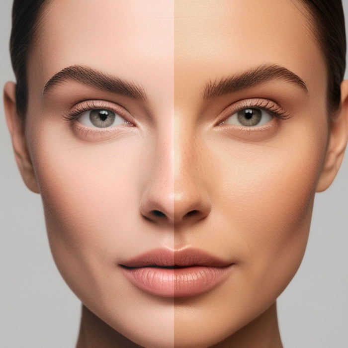 Before and after skincare results showing visibly smoother, radiant skin texture on woman's face