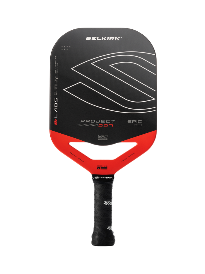 SELKIRK pickleball paddle, black face with red throat, LABS, PROJECT 007, EPIC 10MM, USA PICKLEBALL APPROVED