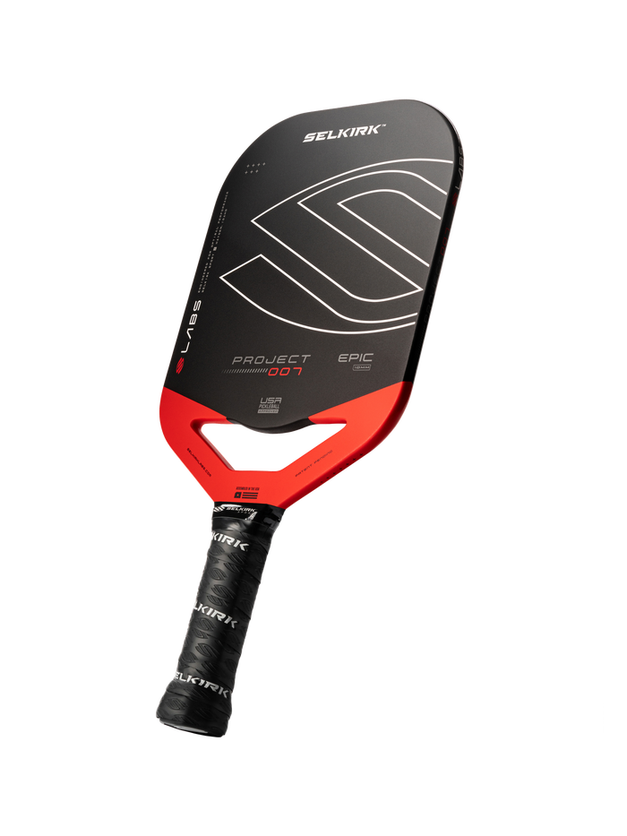 SELKIRK PROJECT 007 EPIC pickleball paddle with red throat and wrapped SELKIRK handle