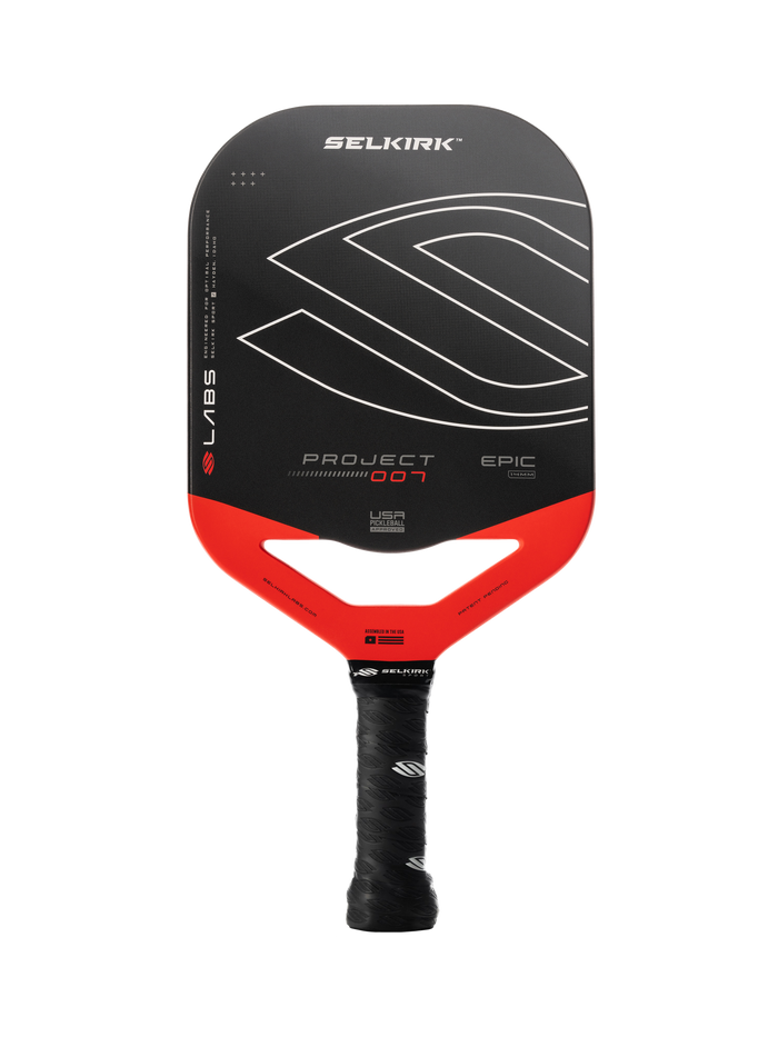 Selkirk Project 007 Epic pickleball paddle, black face and red throat; SELKIRK LABS PROJECT 007 EPIC USA PICKLEBALL