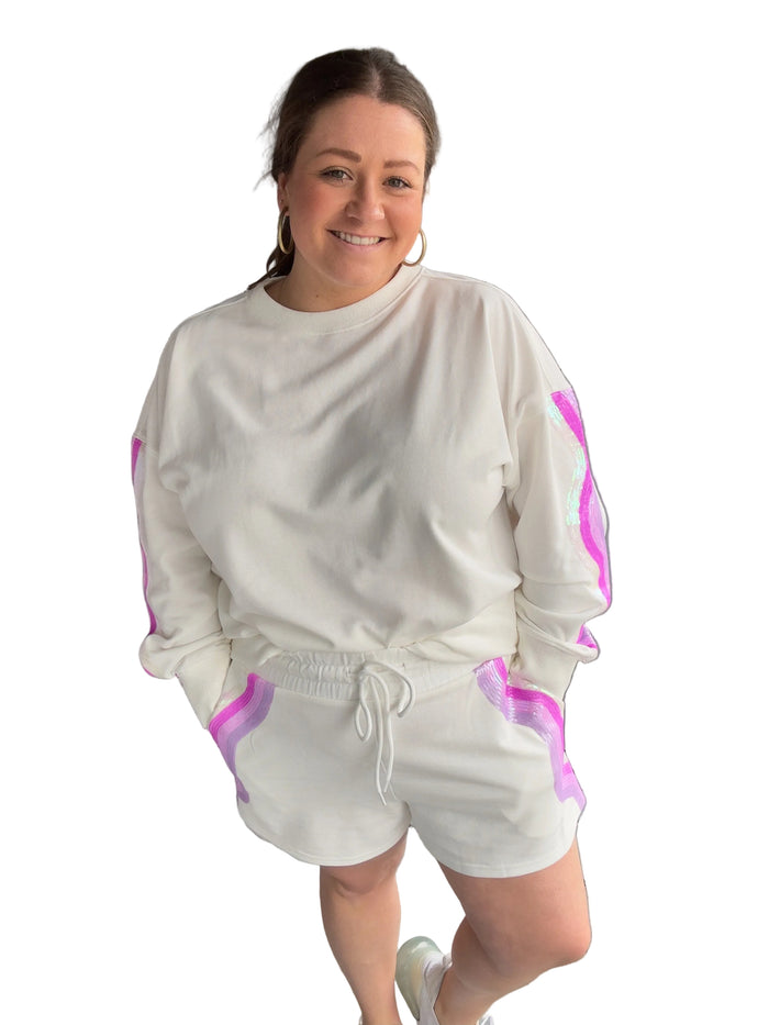 Sequin Striped Shorts-White Birch