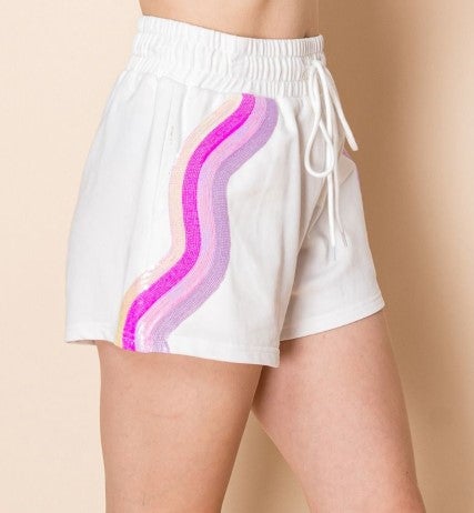 Sequin Striped Shorts-White Birch