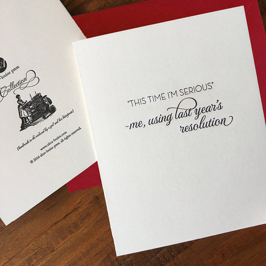 White greeting card with handwritten-style text: 'This time I'm serious'.