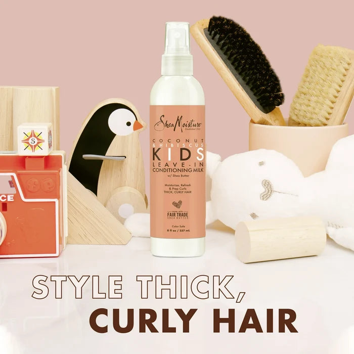 SHEA MOISTRE coconut & hibsicus kids leave in conditioner milk w shea butter color safe ليف إن كوندشنر للأطفال بجوز الهند والكركديه لترطيب وفك التشابك من شيا مويستر